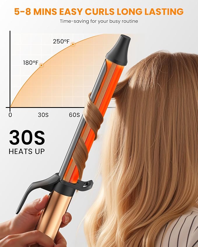 1.25 inch Long Barrel Curling Iron, Extra-Long Curling Wand with 8 Heat Settings, Ceramic Curling Iron for Smooth and Lasting Styling,Suitable for All Hair Types, Dual Voltage Damage-Free Styling