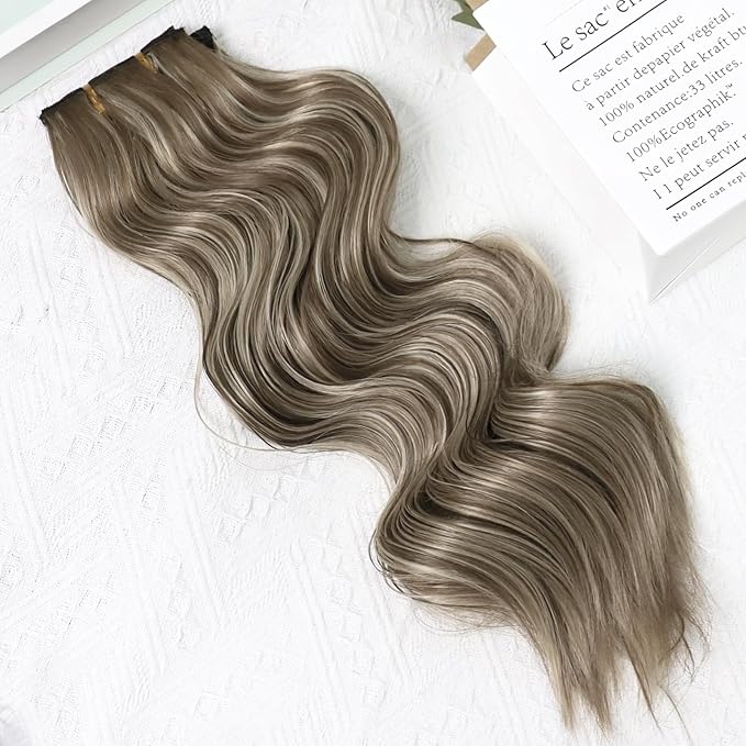 Vigorous Clip in Hair Extensions 4Pcs Light Ash Brown mixed Long Wavy Hair Extensions Clip Ins 20Inch Soft and Natural Synthetic Hairpieces for Women