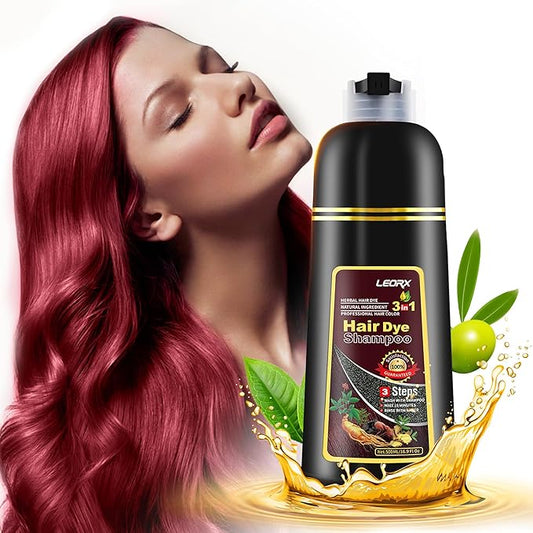 "Leorx 3 In 1 Hair Dye Shampoo, 16.9 Fl Oz, Wine Red, Instant Herbal Refresh For Women & Men - Color Your Hair with Ease - Tintes Para El Cabello Profesional"