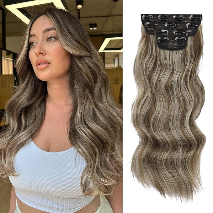 Vigorous Clip in Hair Extensions 4Pcs Light Ash Brown mixed Long Wavy Hair Extensions Clip Ins 20Inch Soft and Natural Synthetic Hairpieces for Women