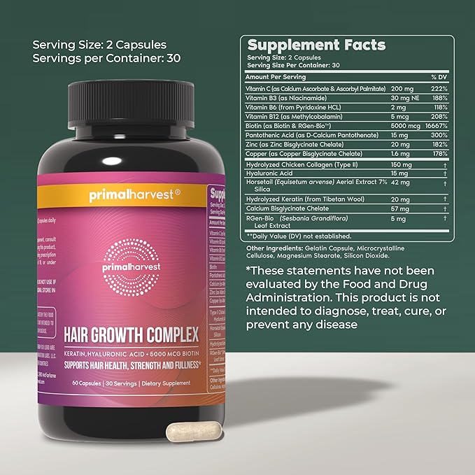 Primal Harvest Hair Growth Vitamins, Hair Growth for Women & Men - 60 Hair Growth Pills, Natural Hair Thickening Products for w/Biotin & Zinc - Hair Supplement, Regrowth Hair Vitamins