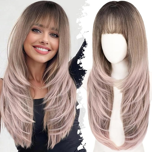 Long Beige Brown Wig with Bangs - Dark Root to Mauve Pink Ombre,4x4 Realistic Scalp,Free Parting,Layered Hairstyle Synthetic Heat Resistant for Daily Party Use 26 inch