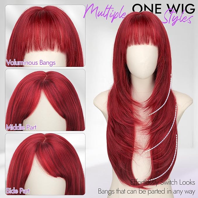 Long Red Wig with Bangs for Women, 4x4 Realistic Scalp,Free Parting, Layered Hairstyle Synthetic Heat Resistant for Daily Party Use 26 inch