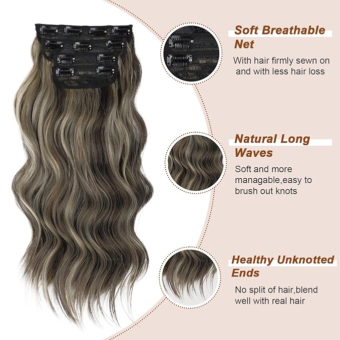 Vigorous Clip in Hair Extensions 20 Inch Walnut Brown Mixed Blonde Double Weft Hair Extension 4Pcs Natural Thick Long Wavy Synthetic Hairpieces for Women
