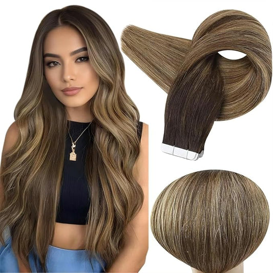 Full Shine Balayage Tape in Hair Extensions Human Hair 14Inch Tape in Extensions 2/3/27 Brown To Caramel Blonde Ombre Seamless Skin Weft Tape ins Human Hair Extensions Straight Extension 50G 20Pcs