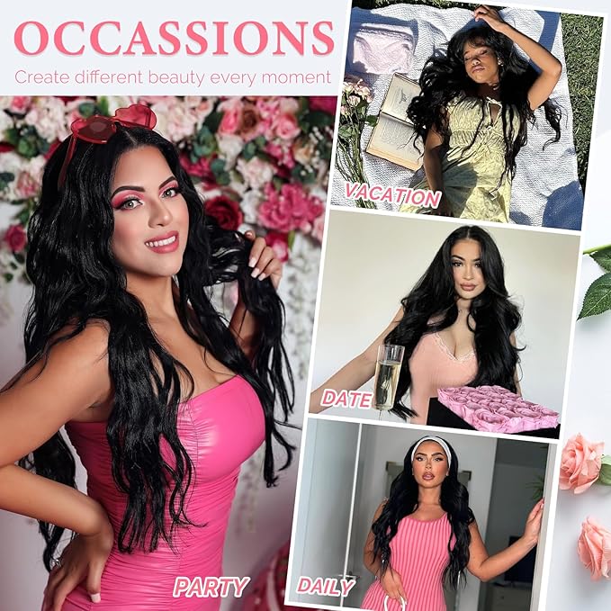 Vigorous Clip in Hair Extensions 4Pcs Black Hair Extension 24 Inch Long Wavy Soft Synthetic Hairpieces for Women