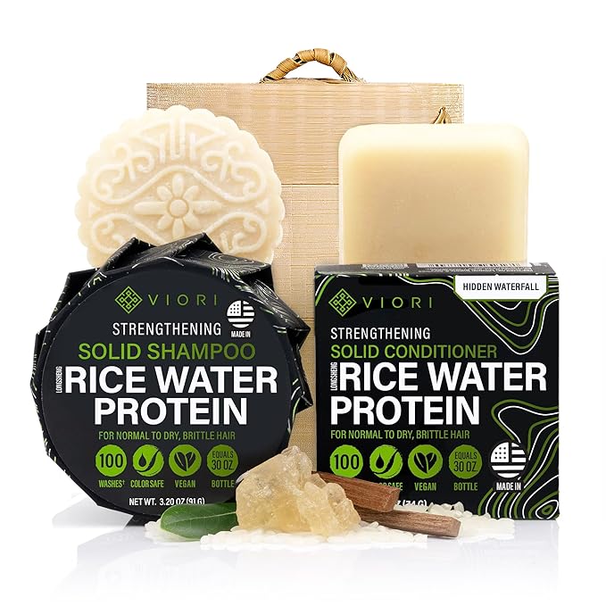 Viori Hidden Waterfall Shampoo and Conditioner Bar Set and Bamboo Holder - Made with Rice Water for Hair Growth - Handcrafted Sulfate Free Shampoo and Conditioner