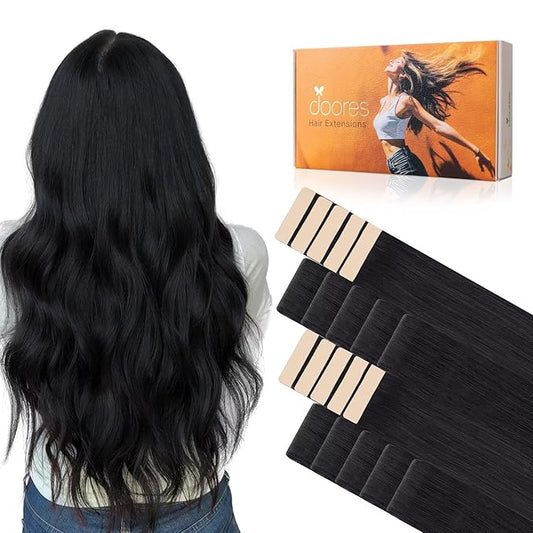 DOORES Seamless Human Hair Extensions Tape in Invisi Edge, Jet Black 10 Injection Tape-ins with 10 Classic Tape-ins 50g 20 Inch, Injection Tape in Extensions Virgin Human Hair