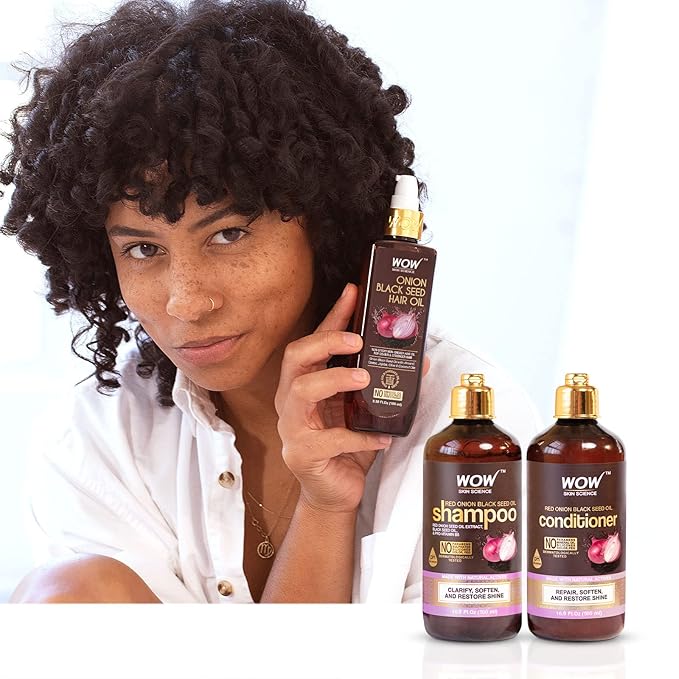 WOW Skin Science Onion Black Seed Oil Shampoo & Conditioner Treatment Set with Oil for Strong, Soft & Shine Hair for All, Dry, Damaged Hair Types, Sulfate, Paraben, Silicone Free