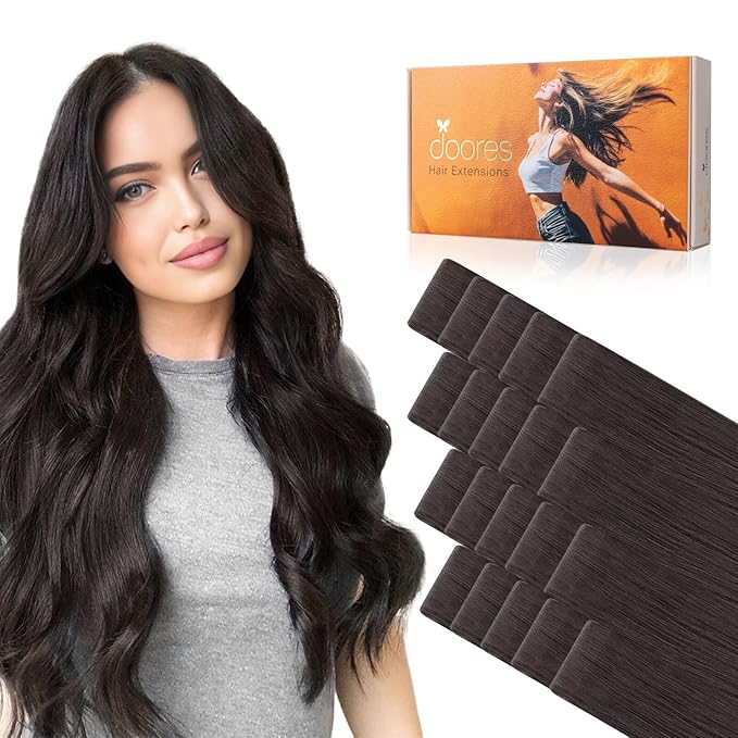 DOORES Seamless Hair Extensions Tape in Invisi Edge, Dark Brown 10 Injection Tape-ins with 10 Injection Tape-ins 50g 16 Inch, Injected Tape in Extensions Virgin Hair Thick Ends