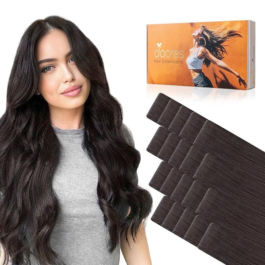 DOORES Seamless Hair Extensions Tape in Invisi Edge, Dark Brown 10 Injection Tape-ins with 10 Injection Tape-ins 50g 16 Inch, Injected Tape in Extensions Virgin Hair Thick Ends