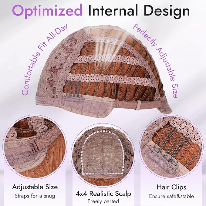 Long Ginger Wig with Bangs for Women,4x4 Realistic Scalp, Free Parting,Layered Hairstyle Synthetic Heat Resistant for Daily Party Use 26 inch