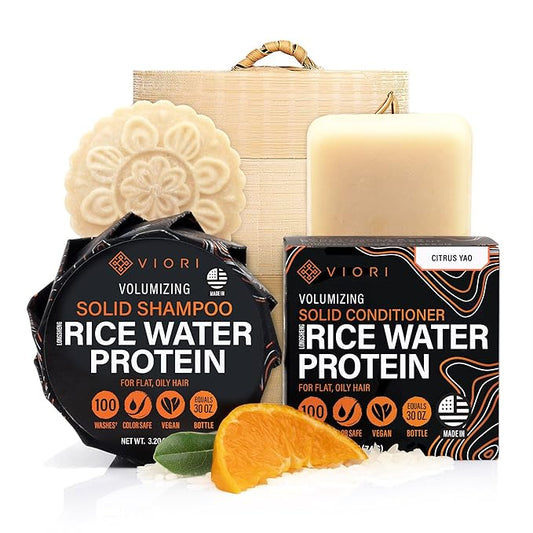 Viori Citrus Yao Shampoo and Conditioner Bar Set and Bamboo Holder - Made with Rice Water for Hair Growth - Handcrafted Sulfate Free Shampoo and Conditioner