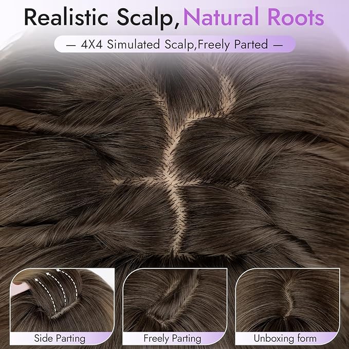 Long Ombre Light Brown With Blonde Wig with Bangs for Women,4x4 Realistic Scalp,Free Parting,Layered Hairstyle Synthetic Heat Resistant for Daily Party Use 26 inch