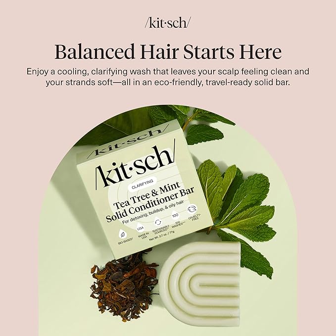 Kitsch Clarifying Tea Tree & Mint Conditioner Bar - Hair Conditioner for Scalp & Oil Control - Vegan Conditioner for Women and Men, Color-Safe, Sustainable Hair Care - Made in USA, 2.7 oz