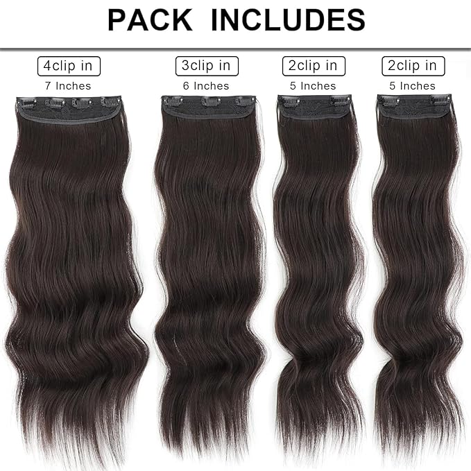 Vigorous Dark Brown Hair Extension 24InchLong Clip in Hair Extensions 4Pcs Thick Long Wavy Synthetic Hairpieces for Women