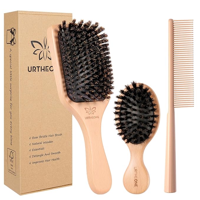 URTHEONE Pure Boar Bristle Hair Brush Set with Wide-Tooth Comb,Natural Beechwood Detangling Kit for Shine & Frizz Control,Gift for Women & Men