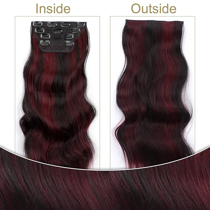 Vigorous Clip in Hair Extensions 4Pcs Black Burgundy mixed Synthetic Hair Extension 20 Inches Full Head Thick Long Wavy Synthetic Hairpieces for Women