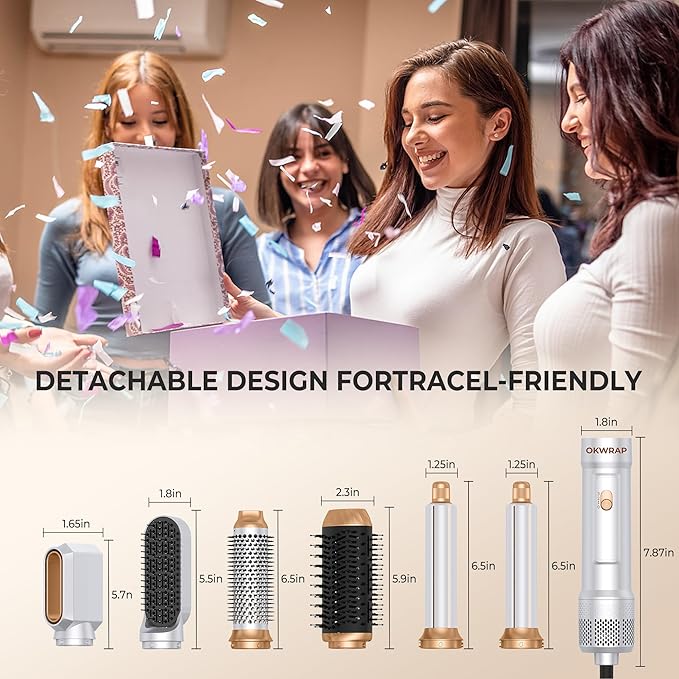 6 in ONE Blow Dryer Brush, Curling Wand Hair Styling Tools Set, Ionic Hot Air Hair Dryer, Massage Oval Hair Dryer, Left&Right Hair Curlers 100-120V (White)