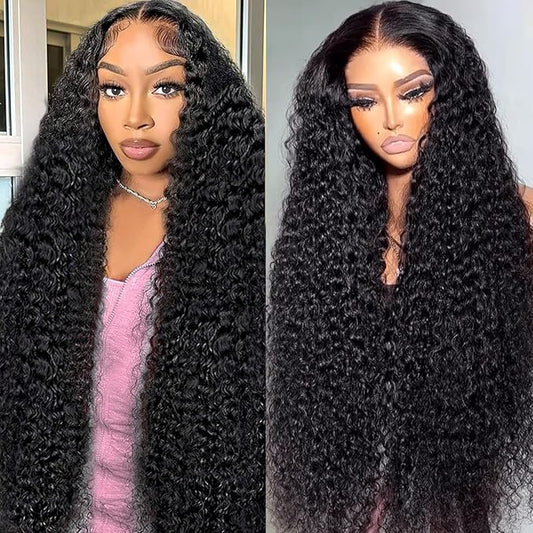 13x6 Deep Wave Lace Front Wigs - 200% Density HD Transparent Frontal Wigs - Glueless, Pre-Plucked with Baby Hair - Natural Black (30Inch)