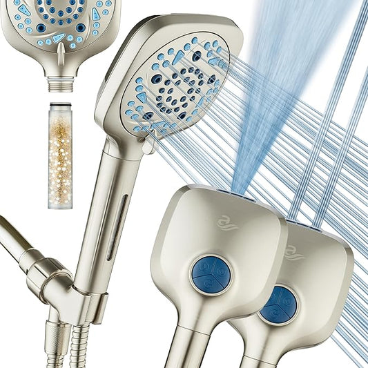 AquaCare High Pressure 10 Spray Mode Filtered Showerhead - Handheld Shower Head Filters Chlorine to Heal Dry Skin, Revive Hair - Dual Power Wash Cleans Tub, Tile, Pets - Hard Water Softener, Nickel