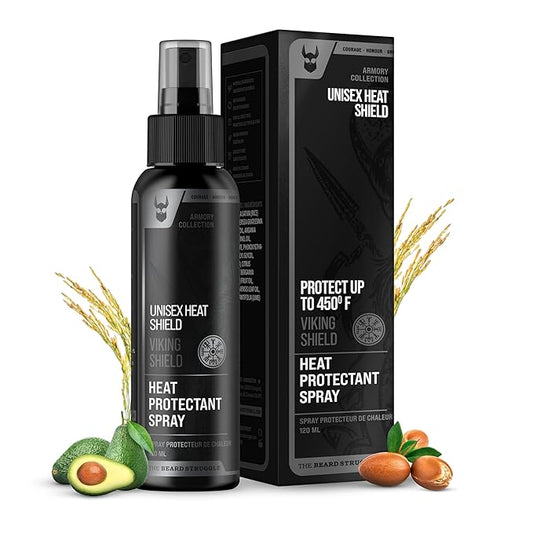 Beard & Hair Heat Protectant Spray - Viking Shield Beard Spray for Men, Protects Hair from Heat Damage of Straightener and Styling - Argan Oil Thermal Protector Spray - Protect Up To 450º F - 4 Fl Oz