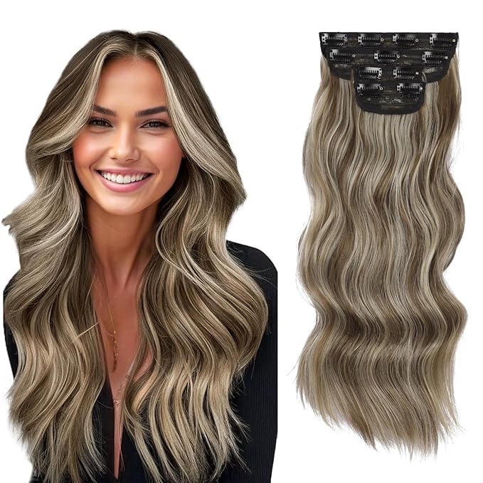 Vigorous Clip in Hair Extensions 4Pcs Light Ash Brown mixed Long Wavy Hair Extensions Clip Ins 20Inch Soft and Natural Synthetic Hairpieces for Women