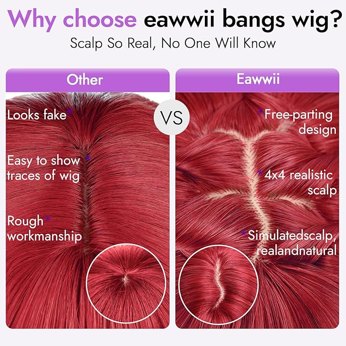 Long Red Wig with Bangs for Women, 4x4 Realistic Scalp,Free Parting, Layered Hairstyle Synthetic Heat Resistant for Daily Party Use 26 inch