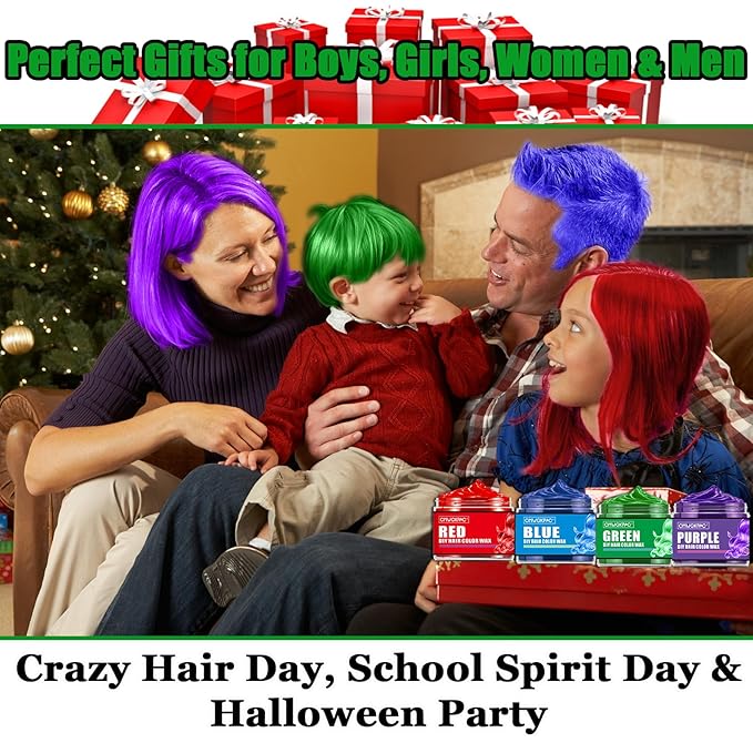 4 Colors Temporary Hair Color for Kids,Gifts for Teens,Girls,Boys,Gifts for Kids,Temporary Hair Dye,Hair Color Spray Green Red Blue Purple Hair Dye Hair Wax Color,Instant Color Wax Halloween Party