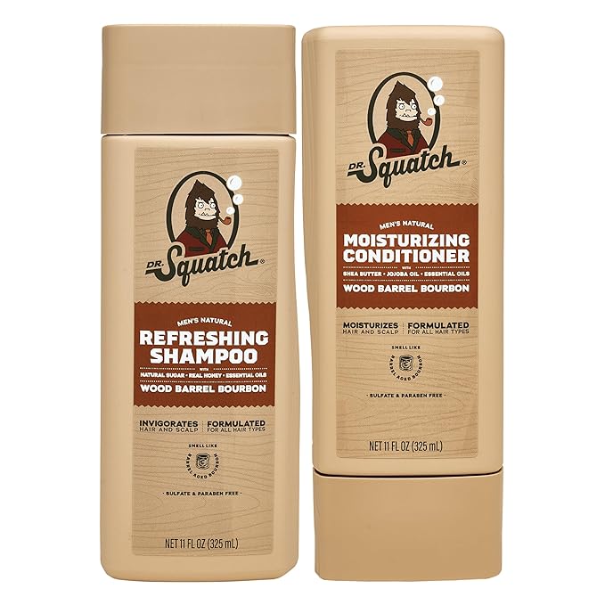 Dr. Squatch Natural Men's Shampoo and Conditioner Set - Healthy, Full Looking Hair - Wood Barrel Bourbon Natural Shampoo and Conditioner for Men (11 fl oz, 2-Pack)