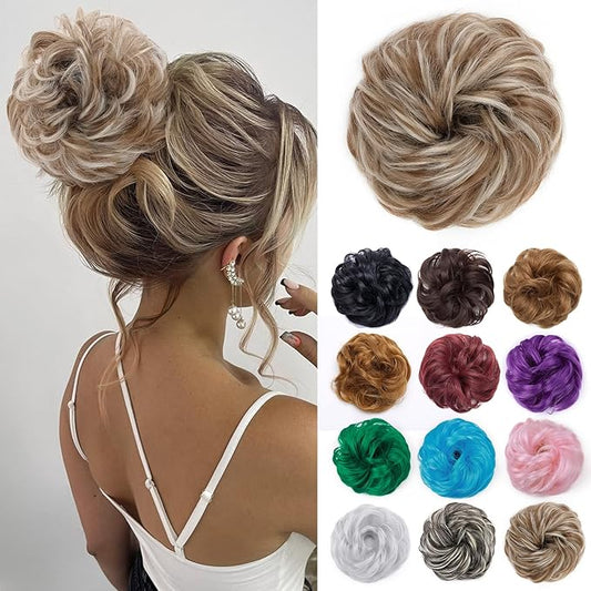 Benehair Messy Bun Hair Piece Thick Scrunchy Updo Hair Pieces for Women Wavy Hair Bun Scrunchies Donut Chignon Hairpiece with Elastic Rubber Band Light Ash Brown mix Bleach Blonde-Thicker 1pc 45g