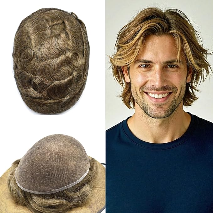 Toupee For Men Real Human Hair System Full Swiss Lace Mens Toupee Lace Hair Piece For Men Hair System Bleached Knots 8x10-80% light density#1820 18# MEDIUM BLONDE+20% GREY