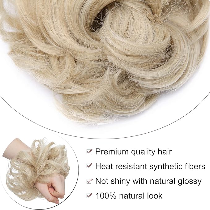 Benehair Messy Bun Hair Pieces Scrunchy Updo Fluffy Scrunchies Donut Top Knot Hairpiece Synthetic Curly Wavy Messy Chignons with Elastic Rubber Band Ash Blonde mix Bleach Blonde-Thicker 1pc 35g