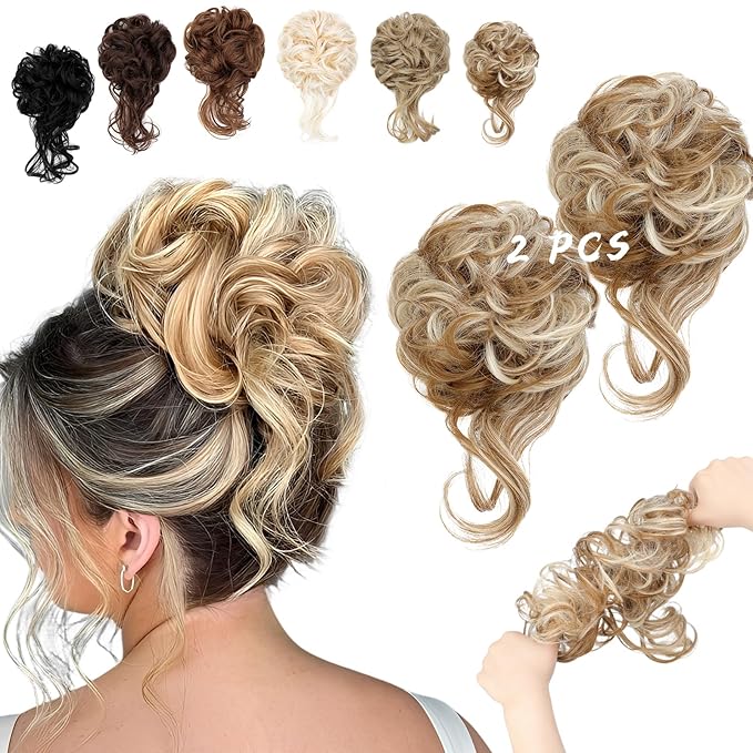 2PCS Messy Bun Hair Piece Tousled Updo with Tendrils Wavy Curly Hair Bun Scrunchies Ponytail Extension Elastic Band Hairpieces For Women (Ginger Brown Mix Bleach Blonde)