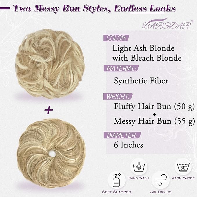 BARSDAR 2 PCS Messy Bun Hair Pieces - Elastic Blonde Messy Hair Bun Scrunchies Extensions for Women - Synthetic Thick Fluffy Updo Chignons Hairpieces - Light Ash Blonde & Bleach Highlights