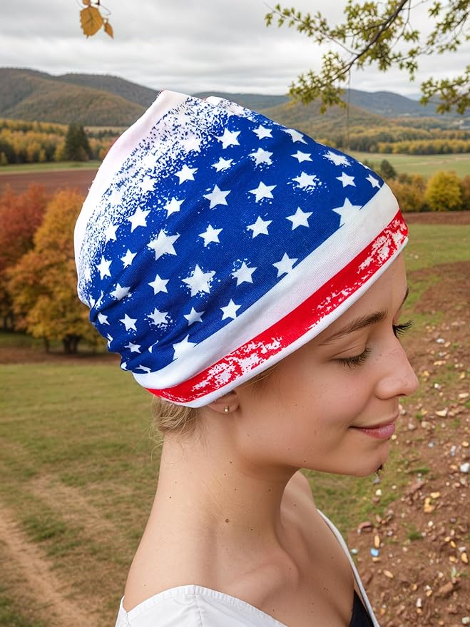 1 Pack Boho Headbands Stretch Paisley Print Bandana Headband Criss Cross Hair Bands Knotted Head Wrap Yoga Daily for Women and Girls (Blue Flag 2)