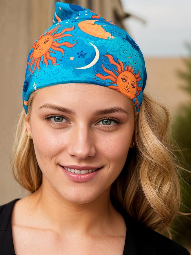 1 Pack Boho Headbands Stretch Paisley Print Bandana Headband Criss Cross Hair Bands Knotted Head Wrap Yoga Daily for Women and Girls (Moon)