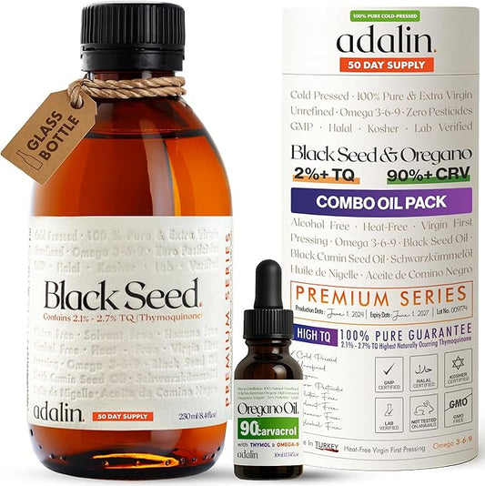 adalin Black Seed Oil Organic Cold Pressed 8.4 fl oz with Travel Size Oil of Oregano 0.34 fl oz | Black Cumin Seed | Nigella Sativa | High Thymoquinone & Carvacrol | Glass Bottle | Gluten Free