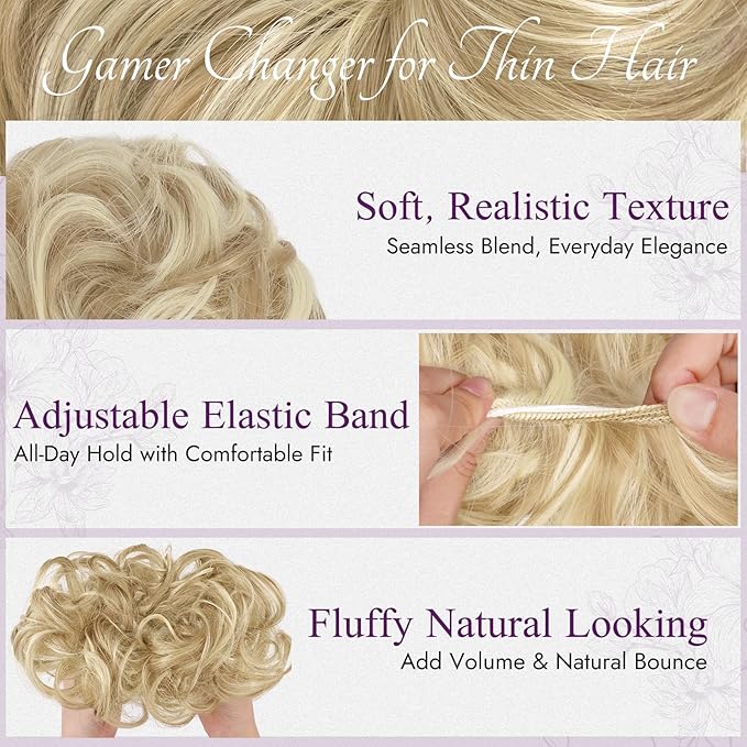 BARSDAR 2 PCS Messy Bun Hair Pieces - Elastic Blonde Messy Hair Bun Scrunchies Extensions for Women - Synthetic Thick Fluffy Updo Chignons Hairpieces - Light Ash Blonde & Bleach Highlights