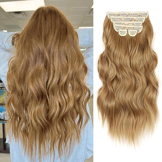Vigorous Clip in Hair Extensions 20Inch Biscuit Brown Hair Extension 6Pcs Long Wavy Soft Synthetic Hairpieces for Women