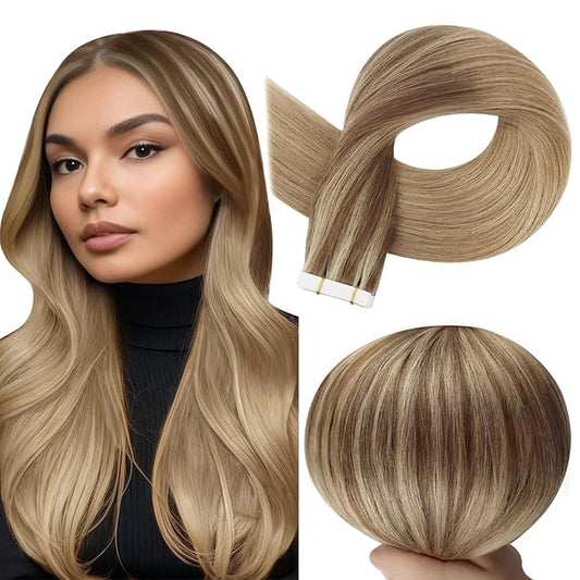 Full Shine Hair Extensions Real Human Hair Tape ins Long Remy Tape in Extensions Color Golden Brown And Golden Blonde 20Inch Invisible Skin Weft 50Gram Straight for Party Double Sided