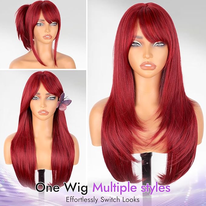 Long Red Wig with Bangs for Women, 4x4 Realistic Scalp,Free Parting, Layered Hairstyle Synthetic Heat Resistant for Daily Party Use 26 inch