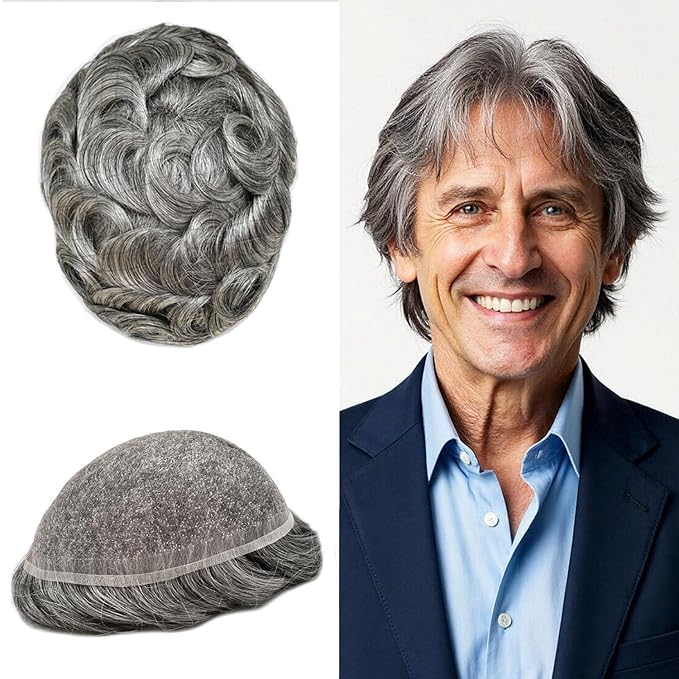 Toupee For Men Real Human Hair System Full Swiss Lace Mens Toupee Lace Hair Piece For Men Hair System Bleached Knots 7x9 120% Medium light density #1B70 1B# OFF BLACK+70% GREY