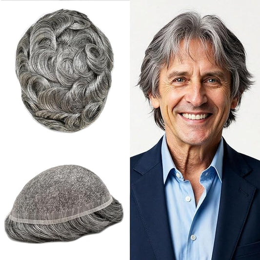 Toupee For Men Real Human Hair System Full Swiss Lace Mens Toupee Lace Hair Piece For Men Hair System Bleached Knots 7x9 120% Medium light density #1B70 1B# OFF BLACK+70% GREY