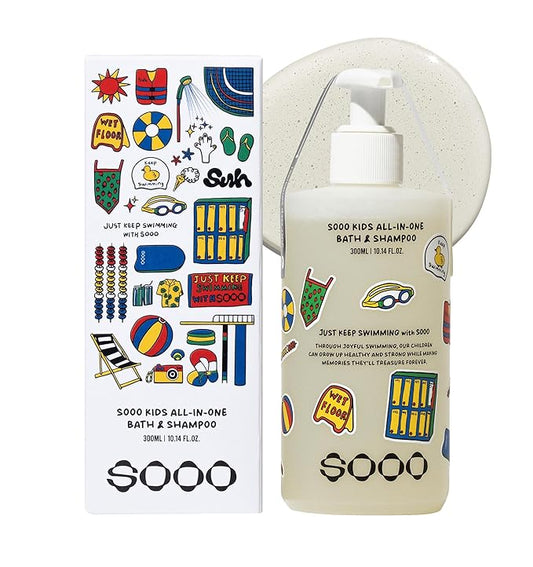 SOOO Kids Swimming Shampoo & Body Wash 2-in-1 Tear-Free Gentle Pool Care for Baby & Kids, Removes Chlorine & Salt After Swimming, Hydrating & Moisturizing Formula, Sulfate-Free, Paraben-Free 10.1oz