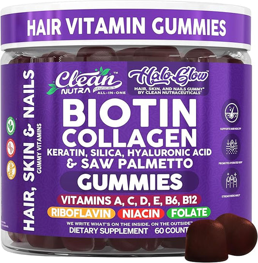 Clean Nutra Biotin Gummies | Collagen, Hyaluronic Acid, Keratin Hair Vitamins Supplement - Hair Growth Support, Skin & Nails - Vitamins C, D, E, B6 & B12 - US Made for Women & Men | 60 Gummy Count