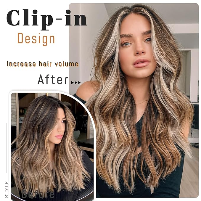 Vigorous Clip in Hair Extensions 20Inch Golden brown mixed Highlights Hair Extension Clip Ins 4Pcs Long Wavy Soft Synthetic Hairpieces for Women Girls Daily Use Event Party Use