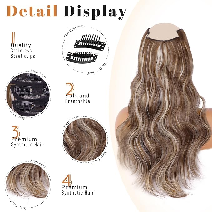 Vigorous Clip in Hair Extensions 20Inch Golden brown mixed Highlights Hair Extension Clip Ins 4Pcs Long Wavy Soft Synthetic Hairpieces for Women Girls Daily Use Event Party Use