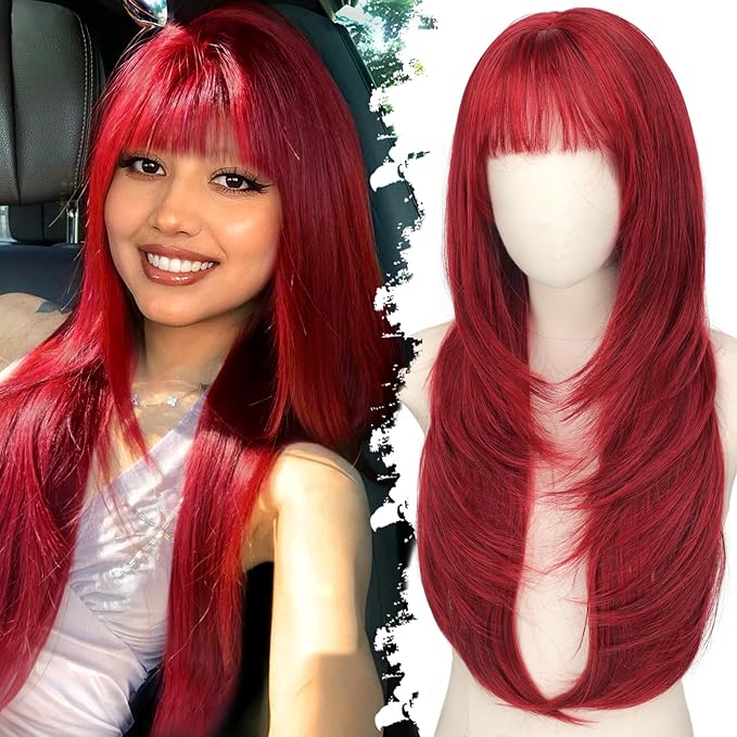 Long Red Wig with Bangs for Women, 4x4 Realistic Scalp,Free Parting, Layered Hairstyle Synthetic Heat Resistant for Daily Party Use 26 inch