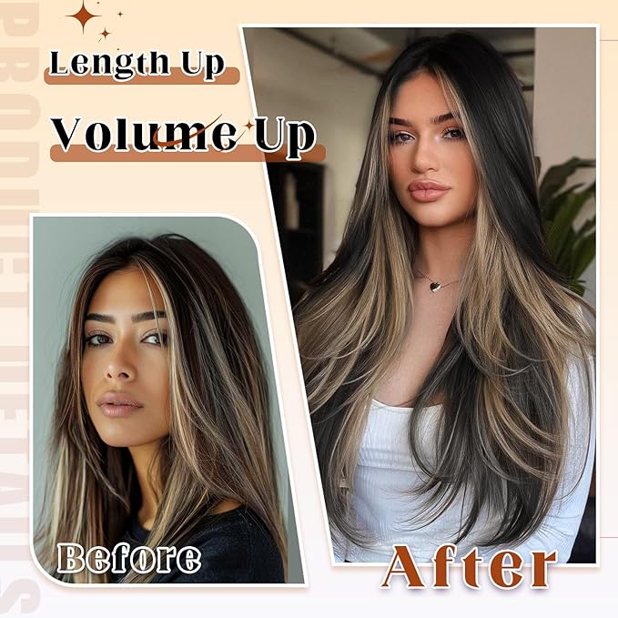 Vigorous Clip in Hair Extensions 22 Inch Black mix Blonde Hair Extension Clip Ins 4PCS Soft Synthetic Straight Hairpieces for Women